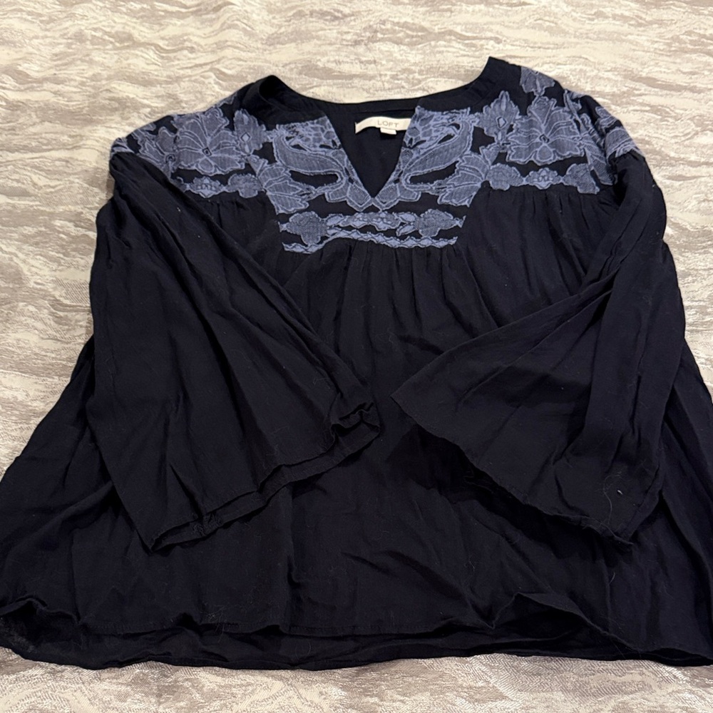 Loft Lightweight Navy Peasant Blouse with Blue Embroidery (medium)